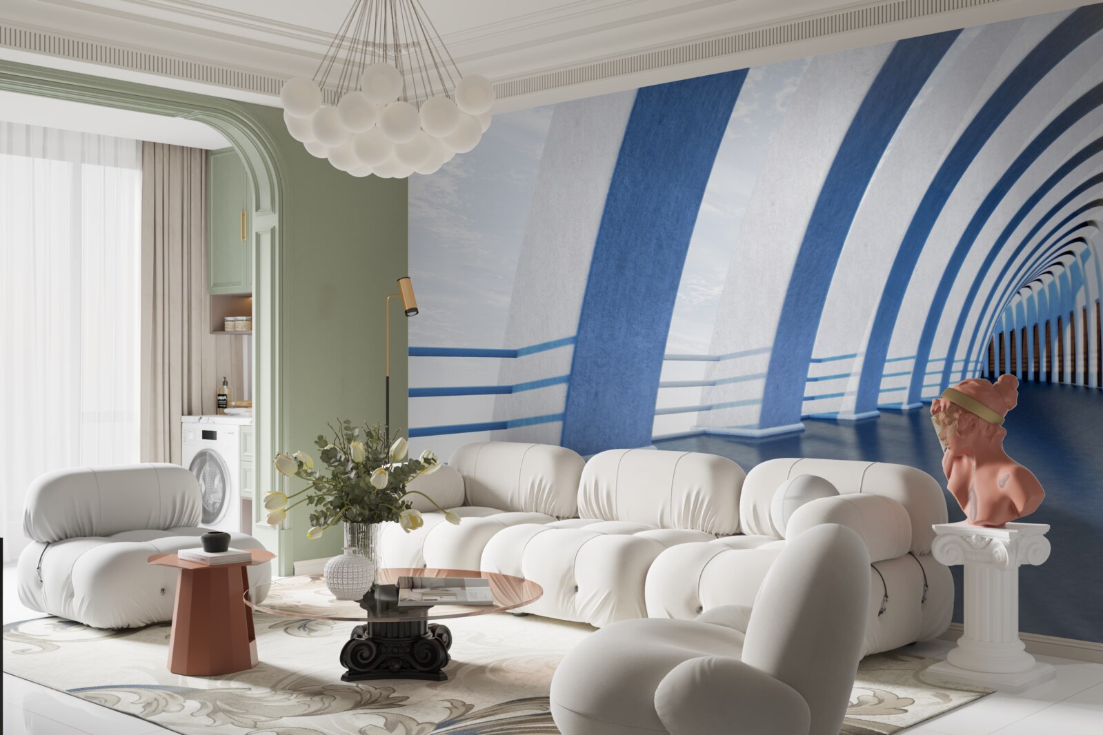 Papier peint passage entouré de colonnes sous un ciel lumineux