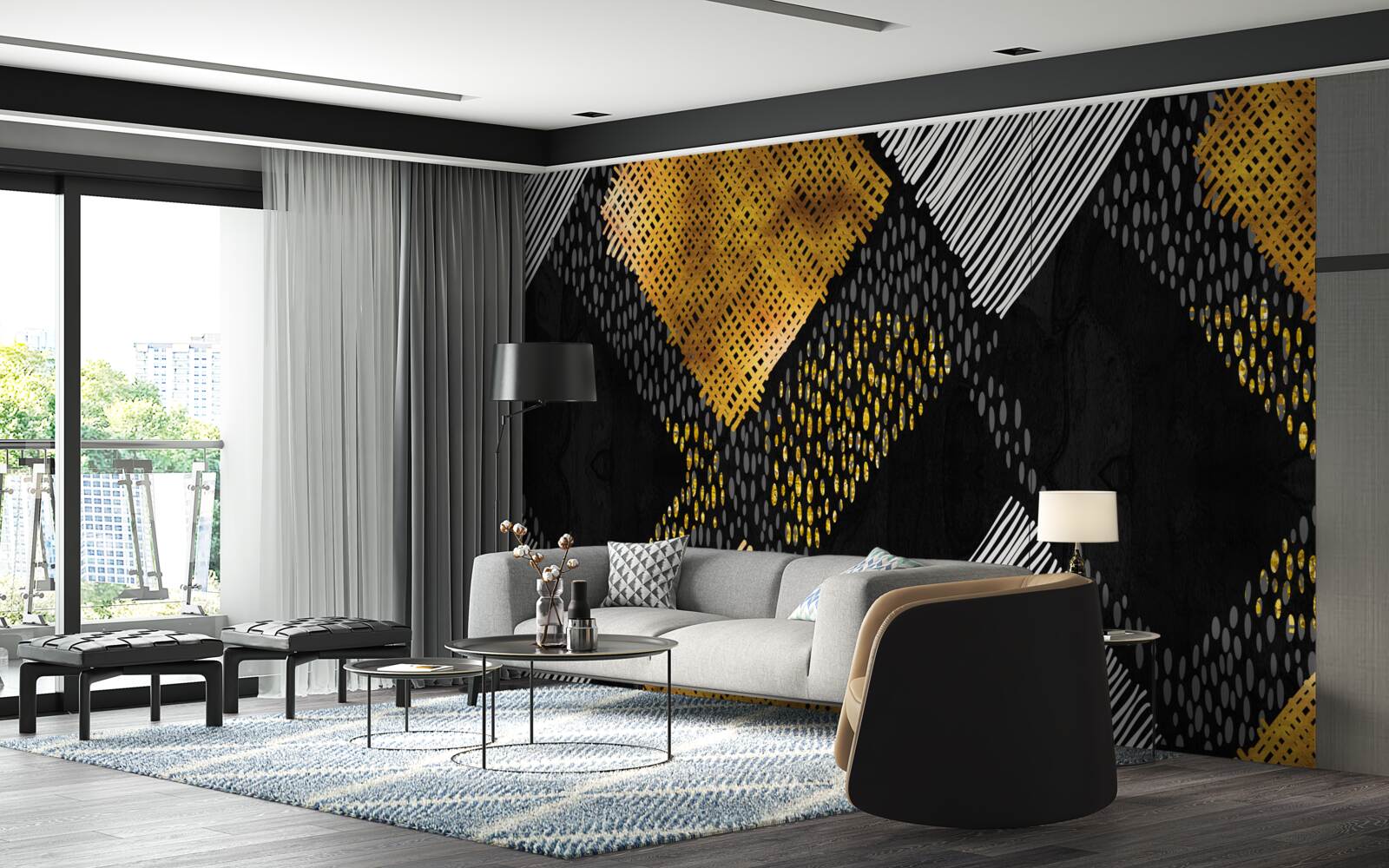 Papier peint pics montagneux, noir et or