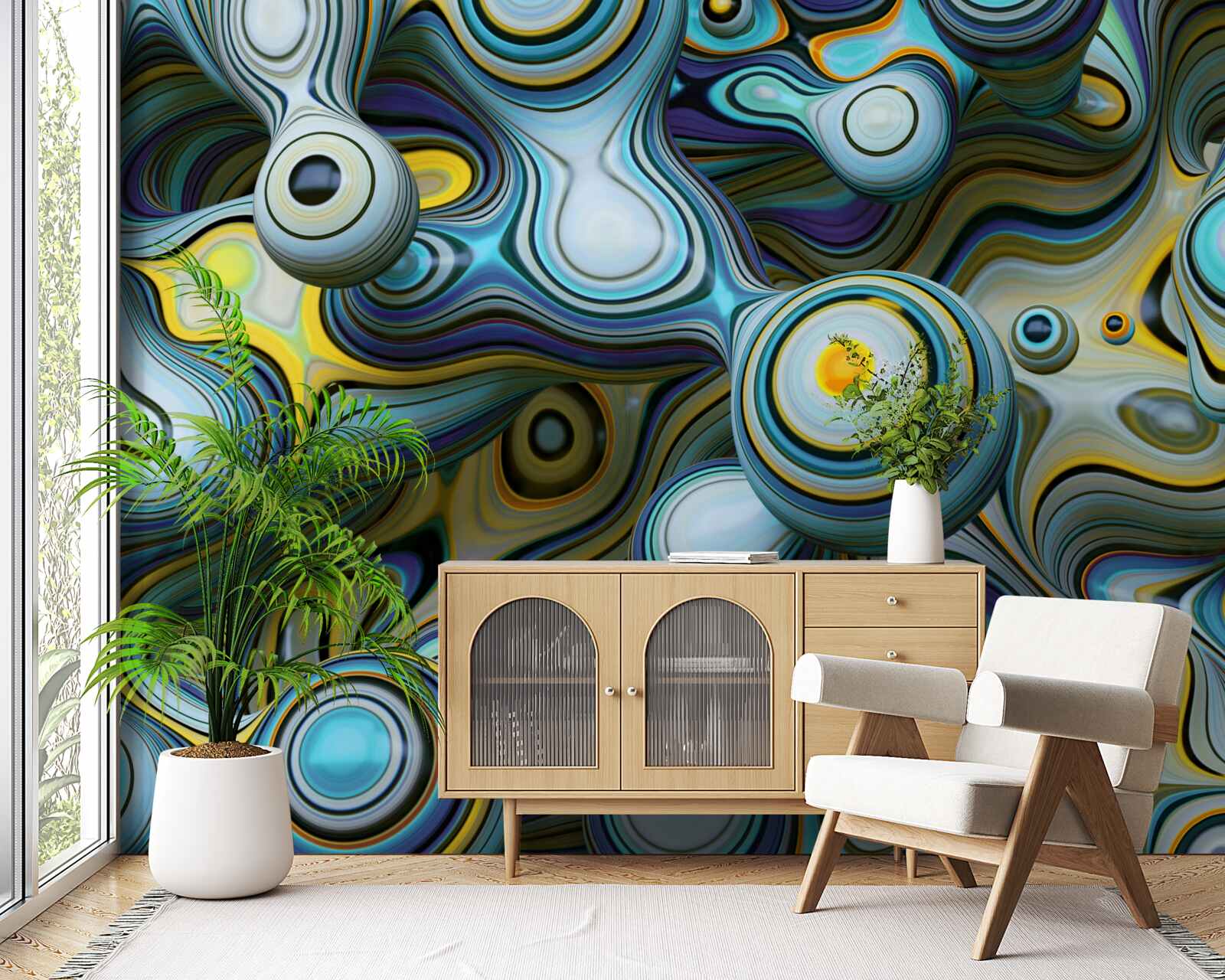 Papier peint images abstraites de boules et de rayons lumineux