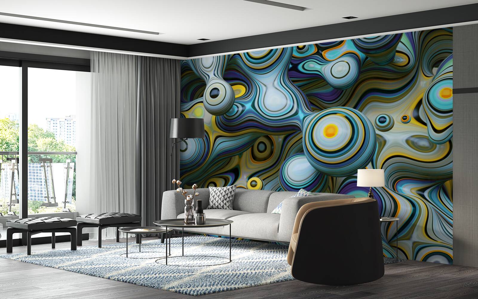 Papier peint images abstraites de boules et de rayons lumineux