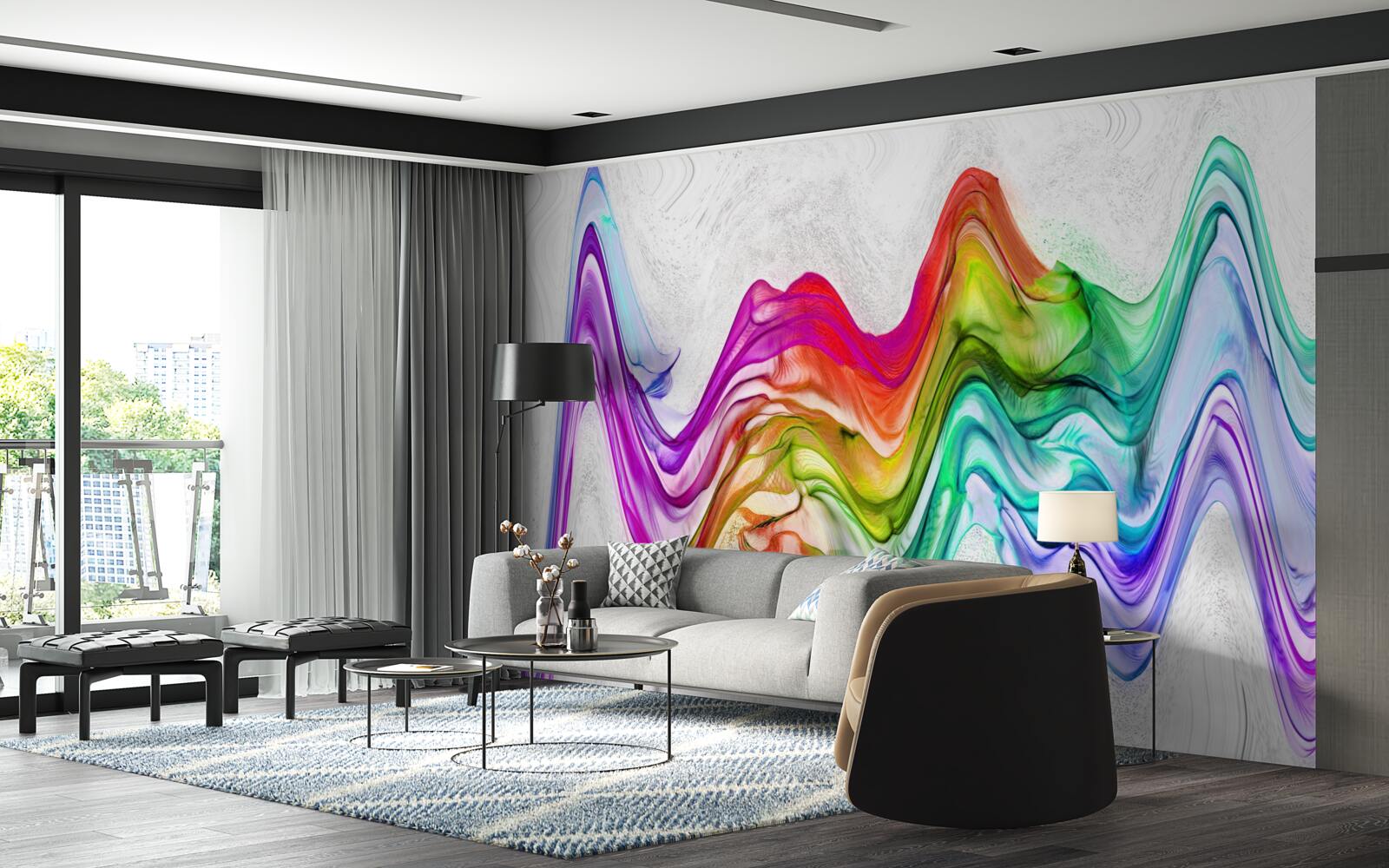 Papier peint onde sonore combinée à des lignes lumineuses