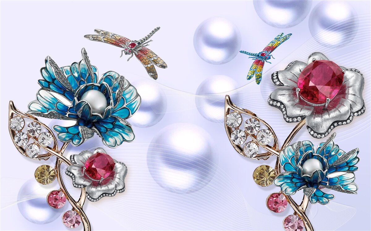 Papier peint des pierres de joaillerie avec des motifs floraux et des images de libellules