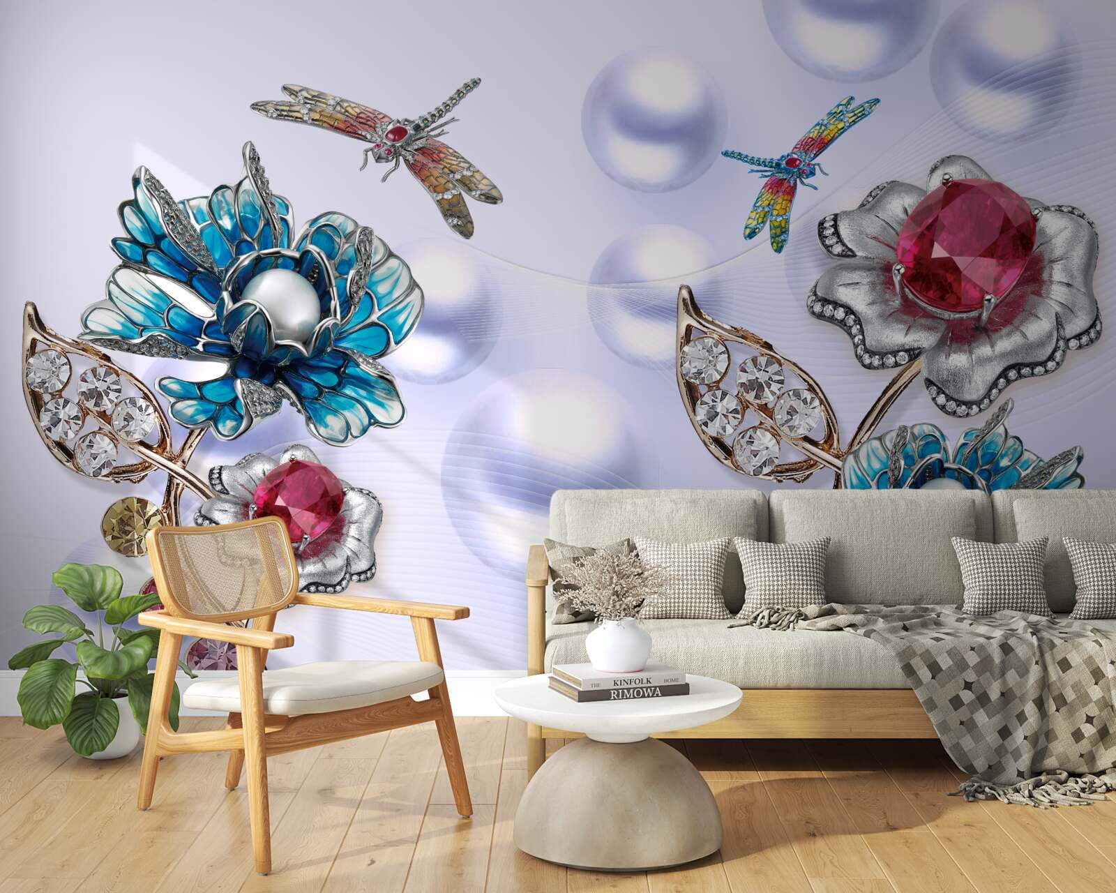 Papier peint des pierres de joaillerie avec des motifs floraux et des images de libellules