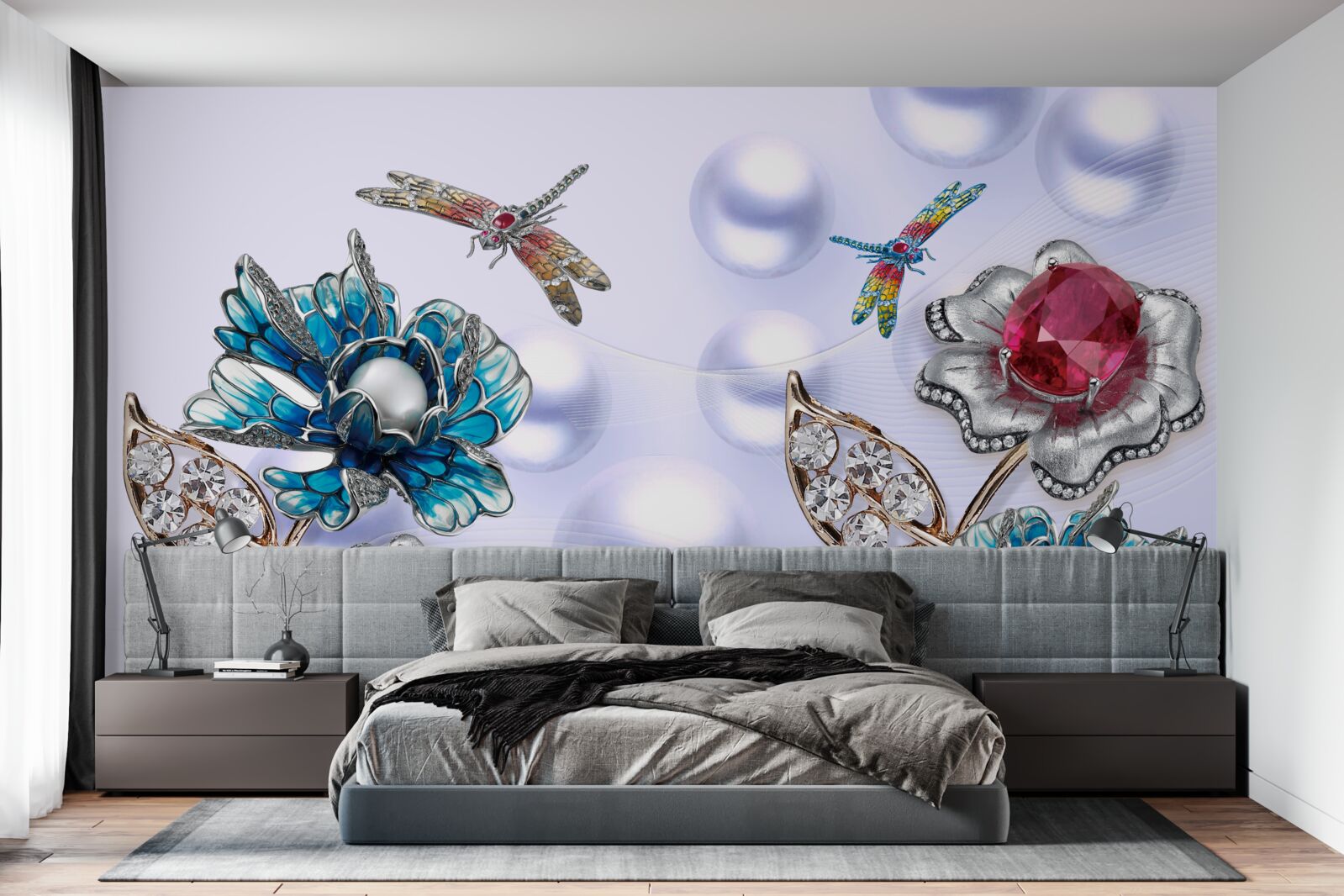 Papier peint des pierres de joaillerie avec des motifs floraux et des images de libellules