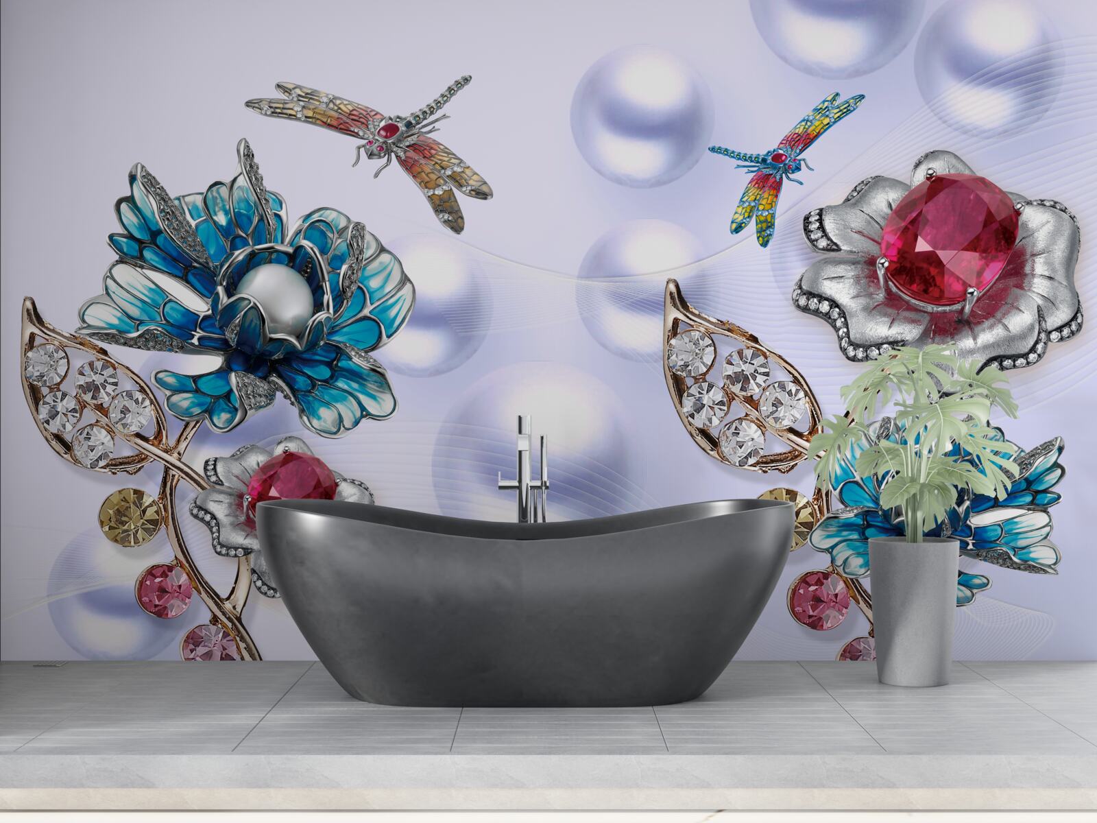 Papier peint des pierres de joaillerie avec des motifs floraux et des images de libellules