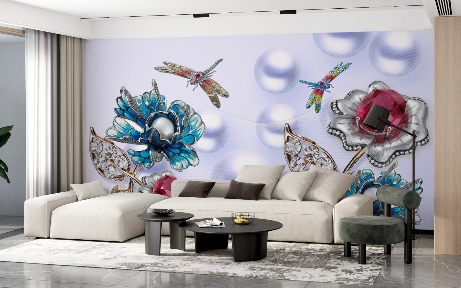 Papier peint des pierres de joaillerie avec des motifs floraux et des images de libellules