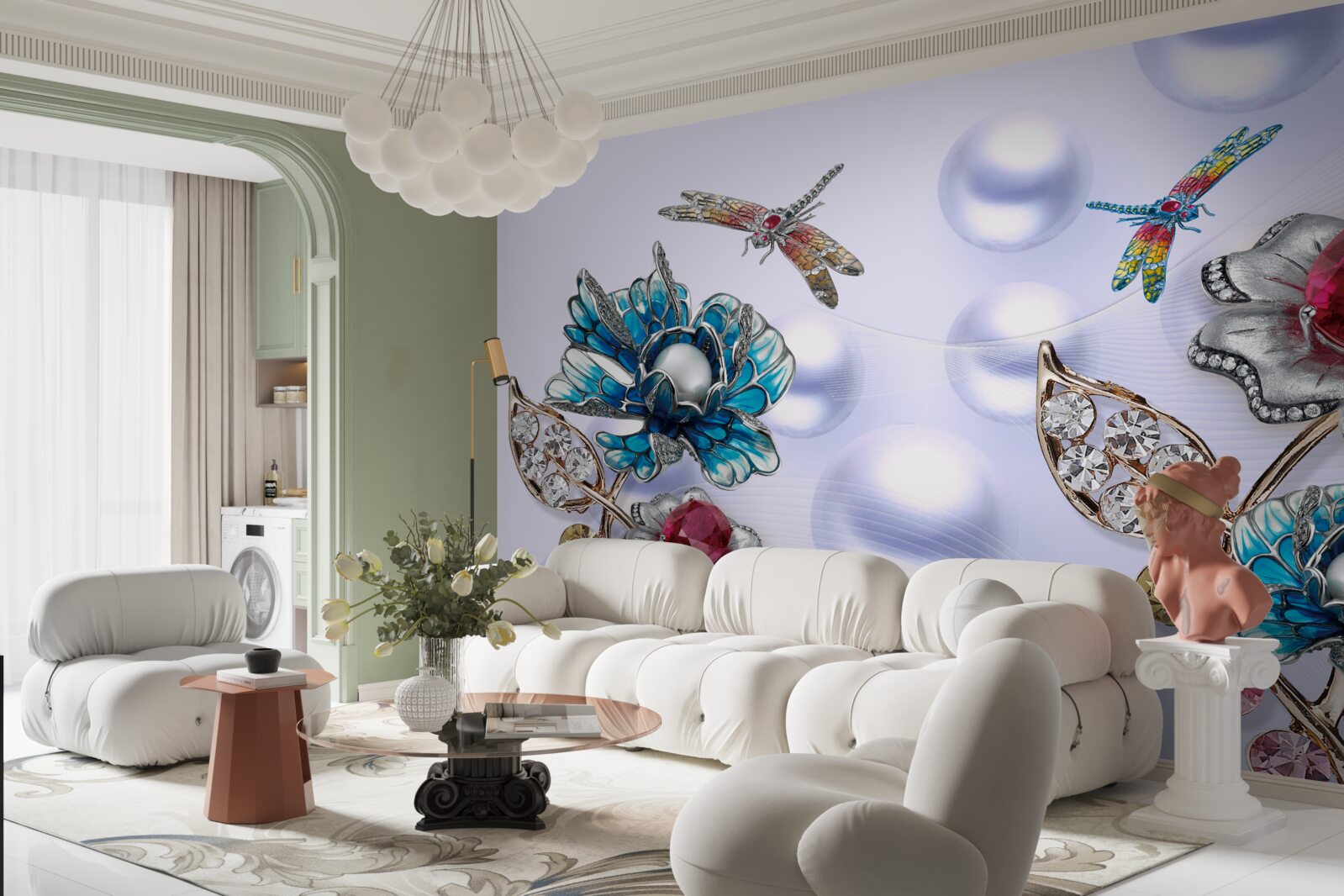 Papier peint des pierres de joaillerie avec des motifs floraux et des images de libellules