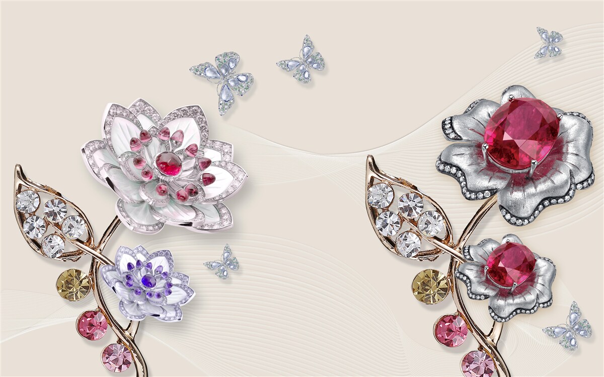 Papier peint les fleurs d'or ornées de pierres précieuses ravissent par leur beauté