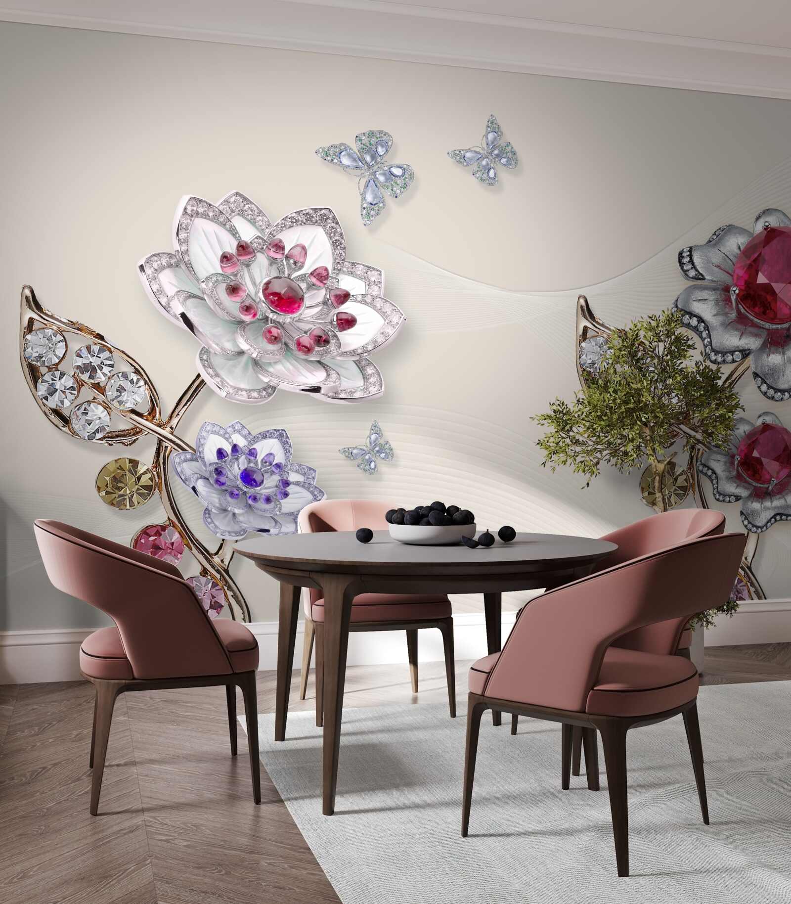 Papier peint les fleurs d'or ornées de pierres précieuses ravissent par leur beauté