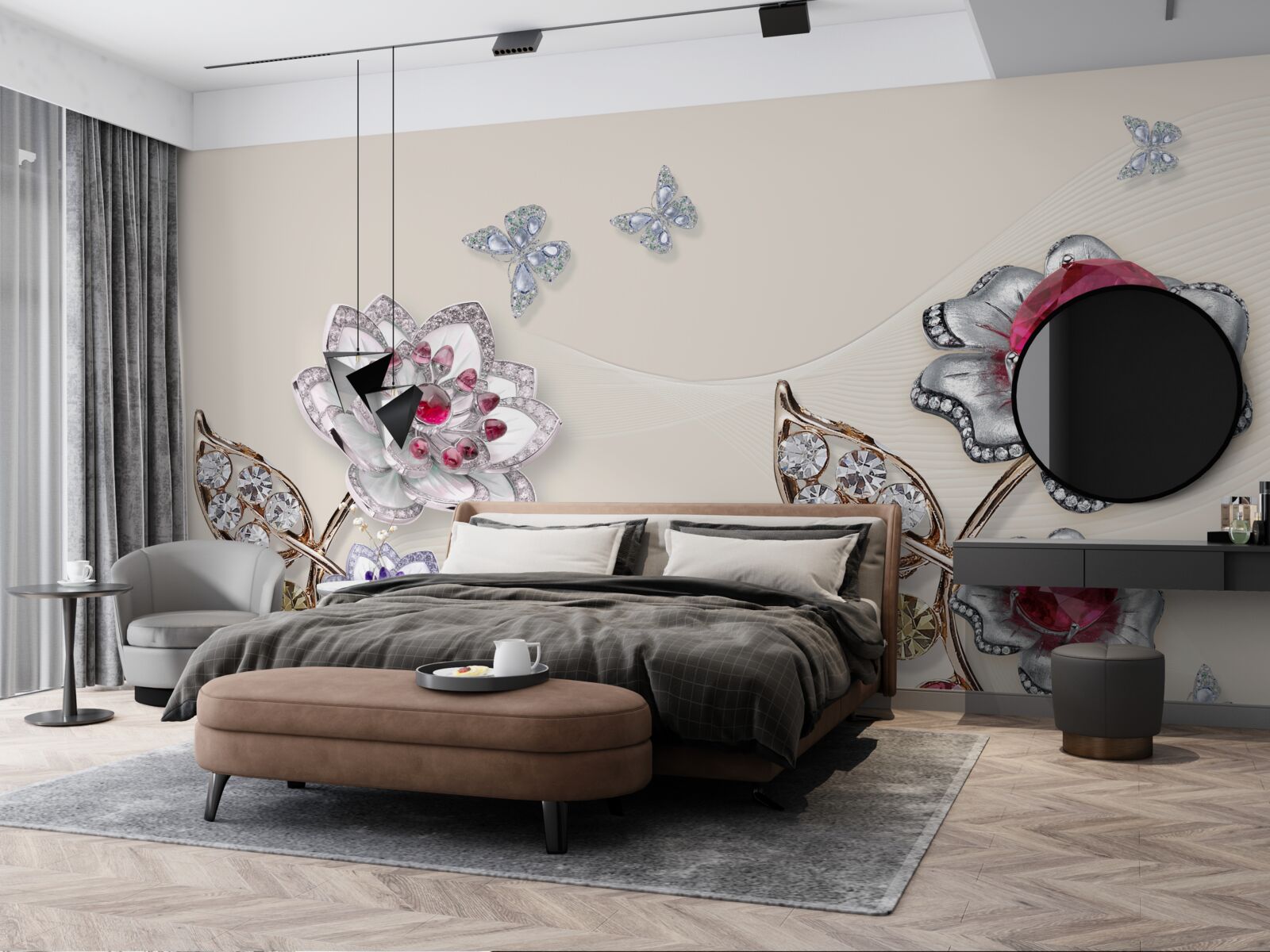 Papier peint les fleurs d'or ornées de pierres précieuses ravissent par leur beauté