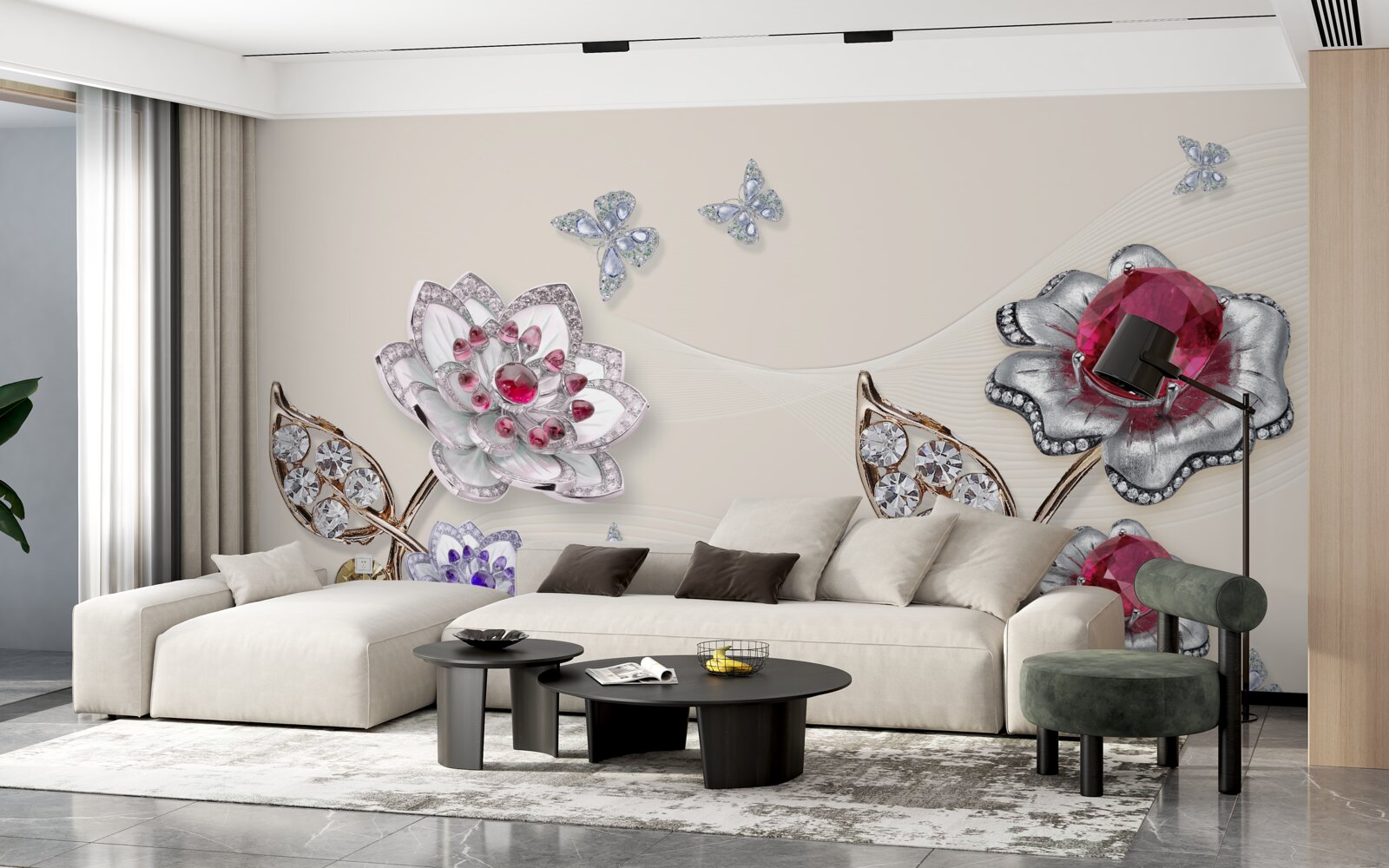 Papier peint les fleurs d'or ornées de pierres précieuses ravissent par leur beauté