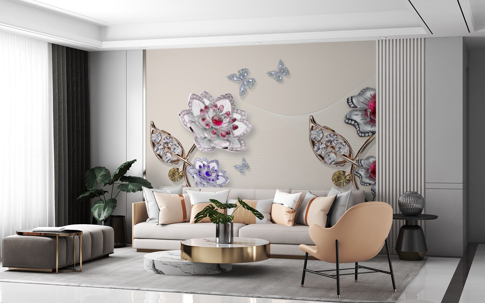 Papier peint les fleurs d'or ornées de pierres précieuses ravissent par leur beauté