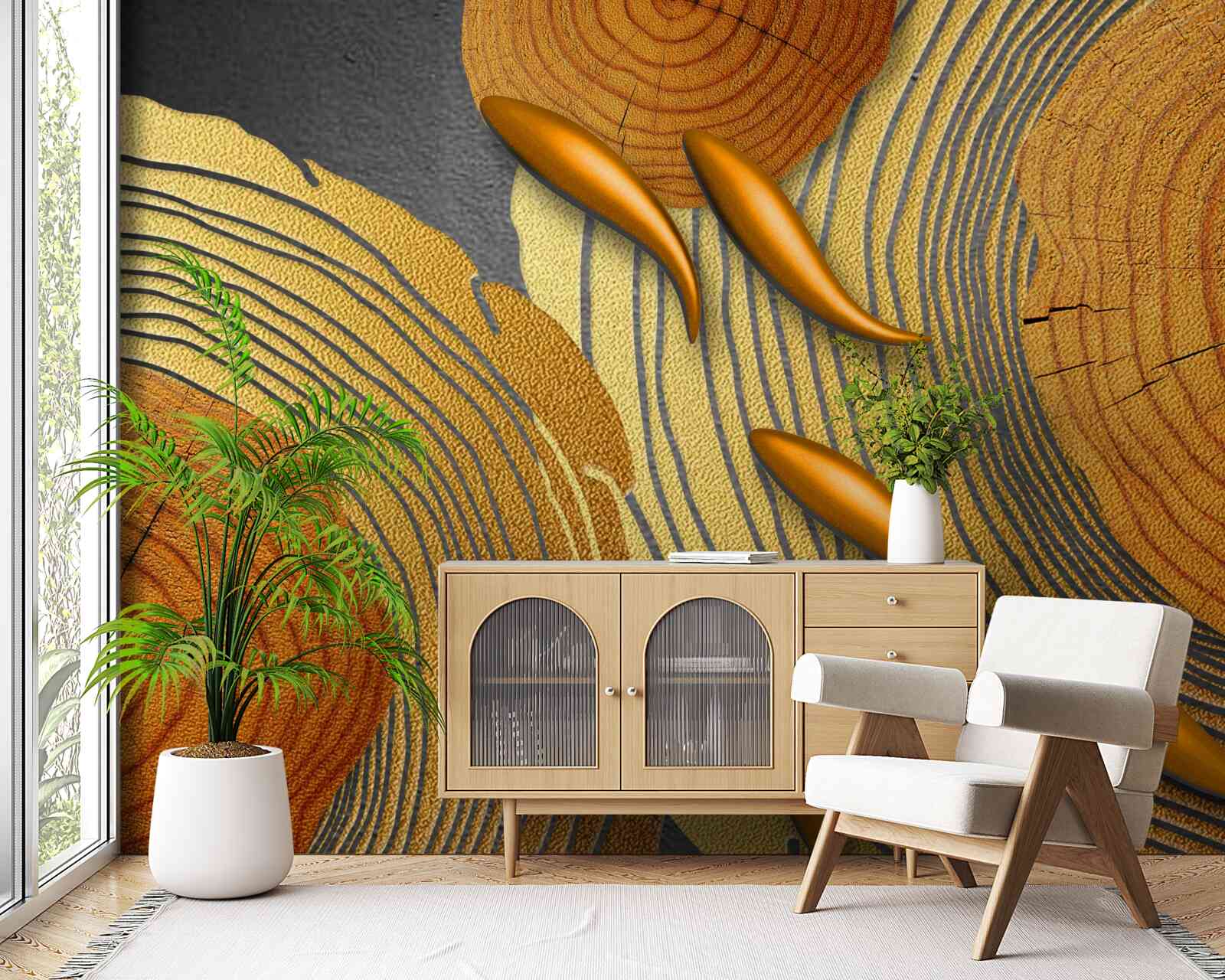 Papier peint les sculptures sur les arbres sont décorées de poissons rouges