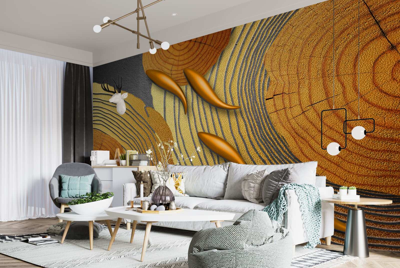 Papier peint les sculptures sur les arbres sont décorées de poissons rouges