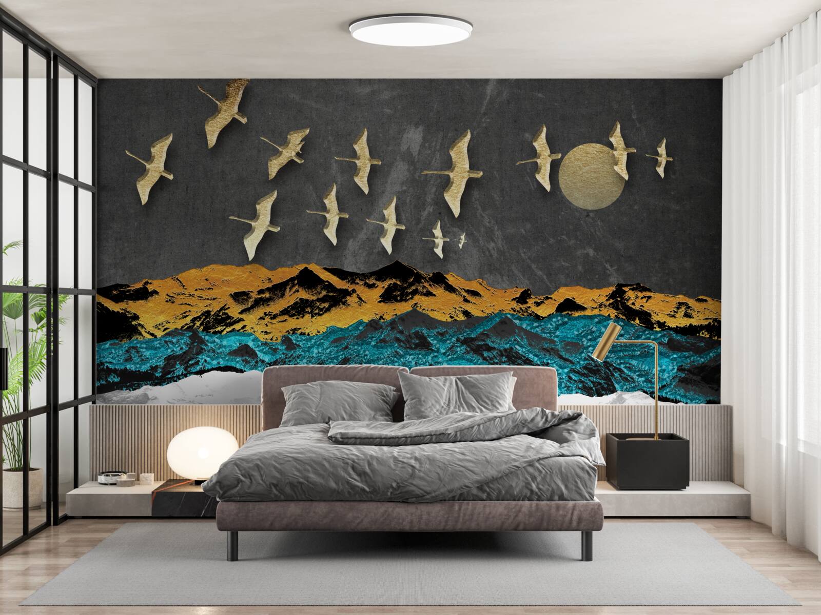 Papier peint un groupe de grues glisse sur des vagues agitées