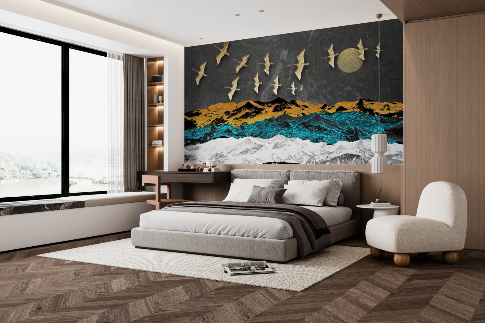 Papier peint un groupe de grues glisse sur des vagues agitées