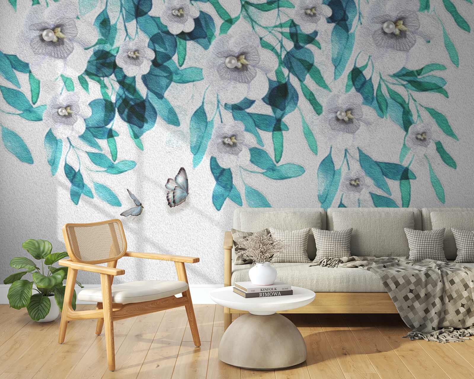 Papier peint les fleurs blanches délicates sont entourées de papillons