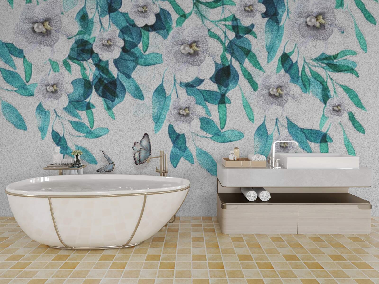 Papier peint les fleurs blanches délicates sont entourées de papillons