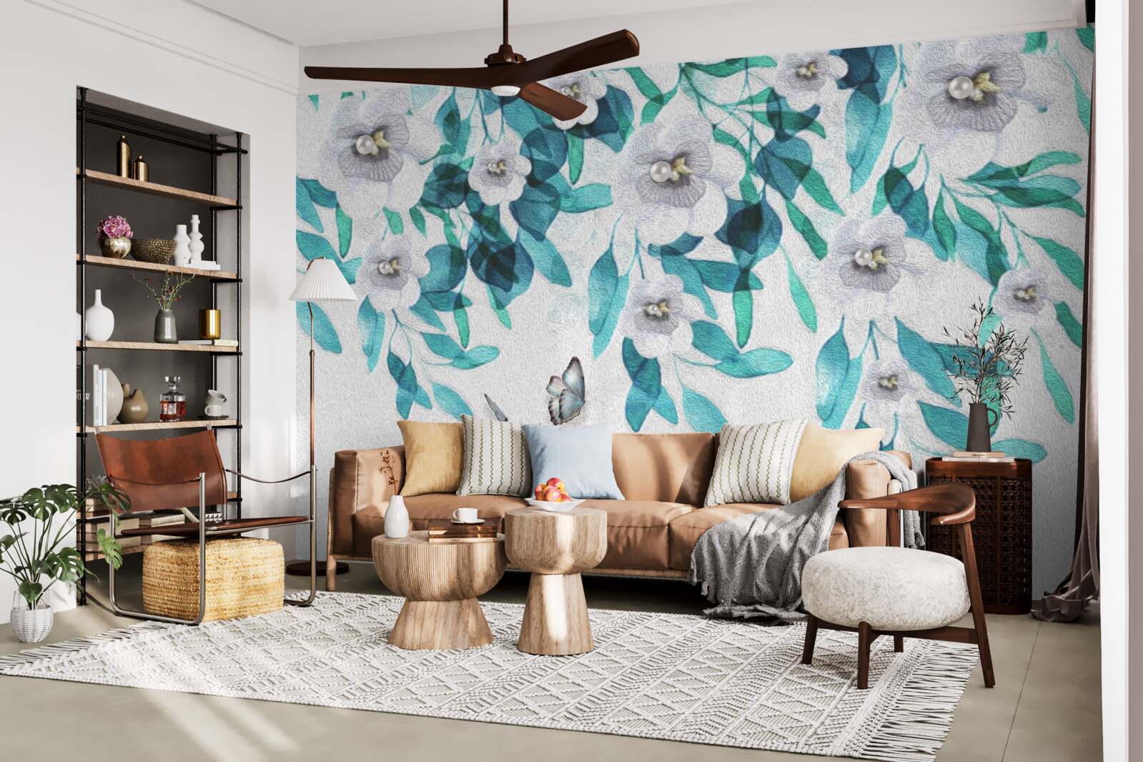 Papier peint les fleurs blanches délicates sont entourées de papillons