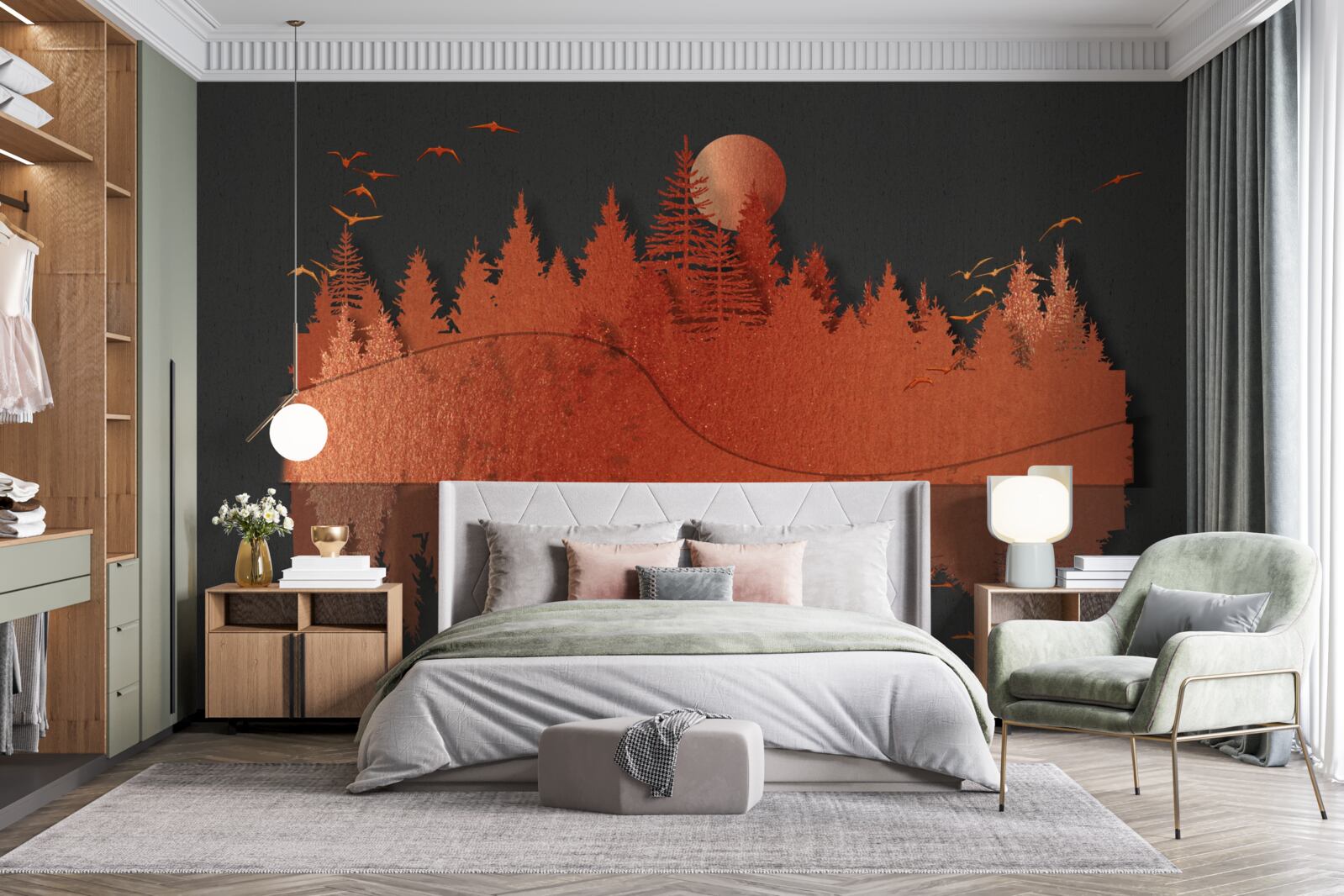 Papier peint le miroir d'eau affiche la forêt rouge