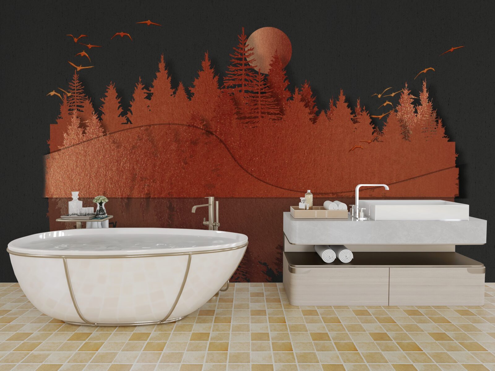 Papier peint le miroir d'eau affiche la forêt rouge