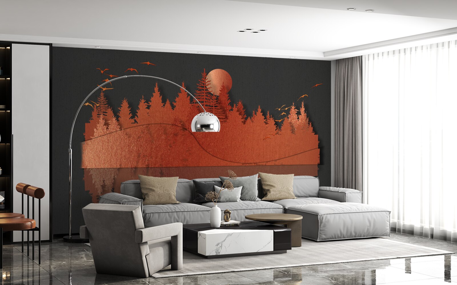 Papier peint le miroir d'eau affiche la forêt rouge