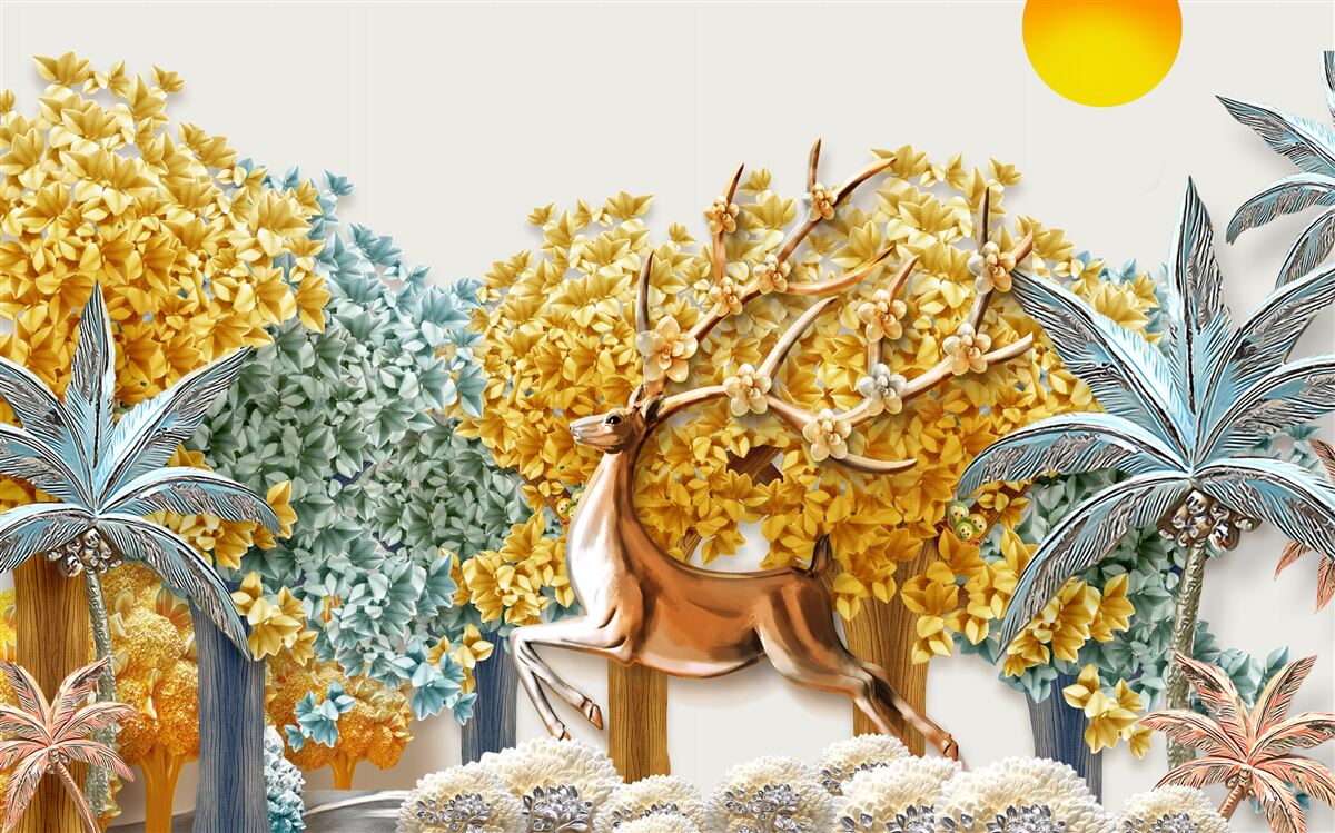 Papier peint cerfs sautant dans une forêt tropicale