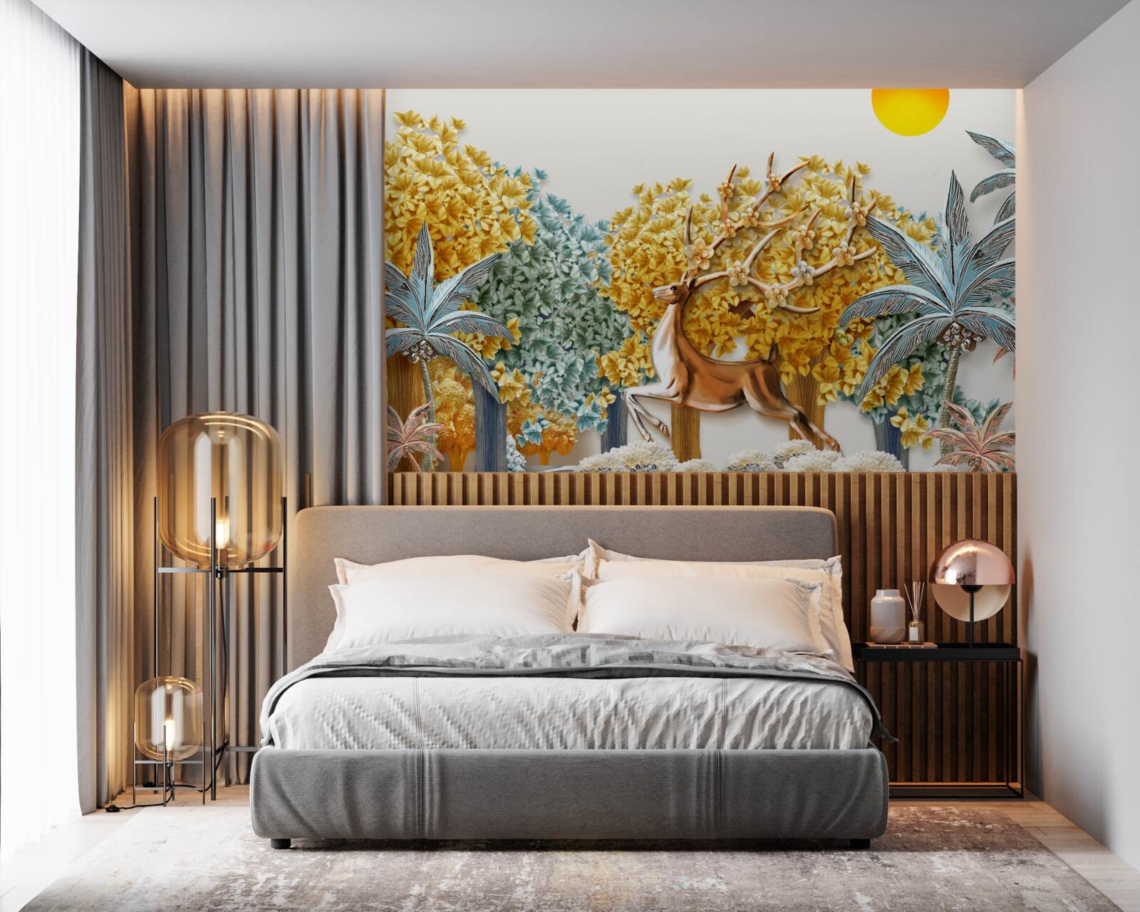 Papier peint cerfs sautant dans une forêt tropicale