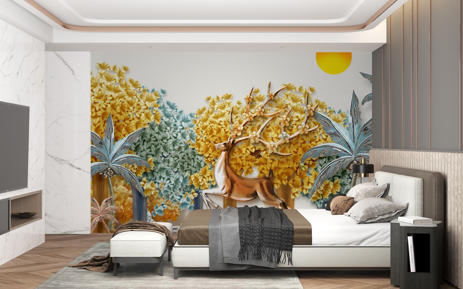 Papier peint cerfs sautant dans une forêt tropicale