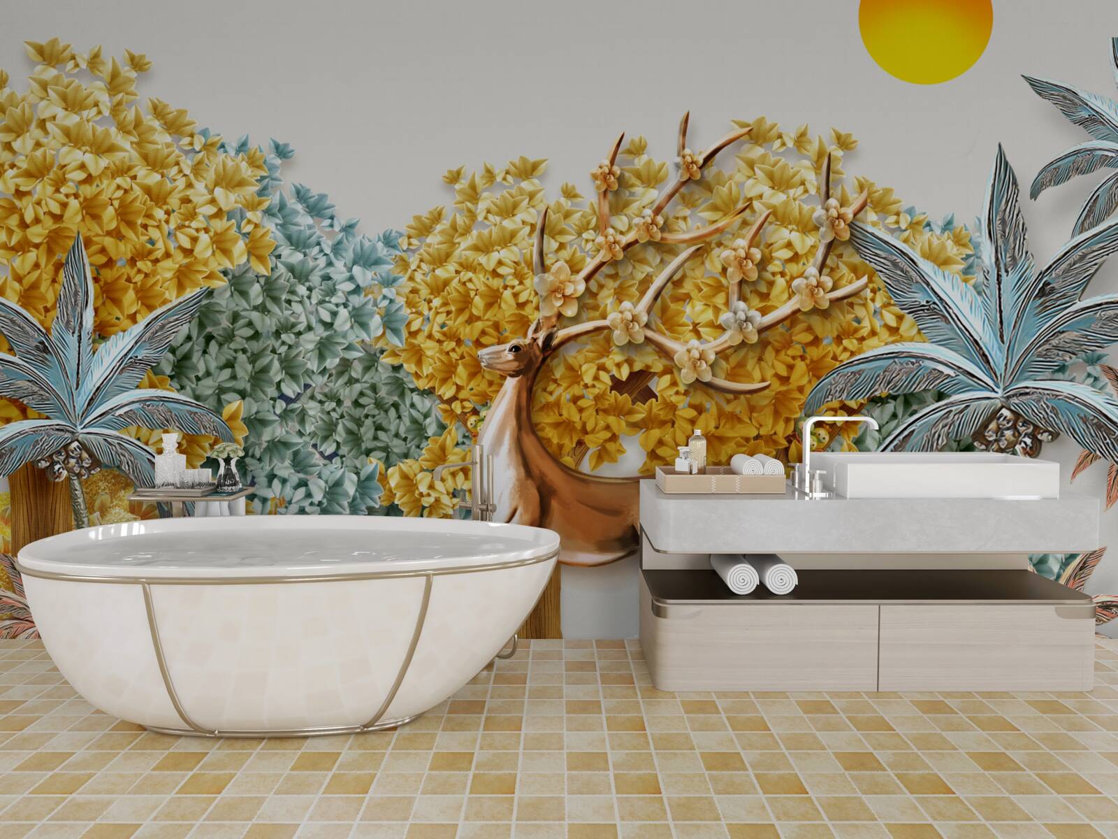 Papier peint cerfs sautant dans une forêt tropicale