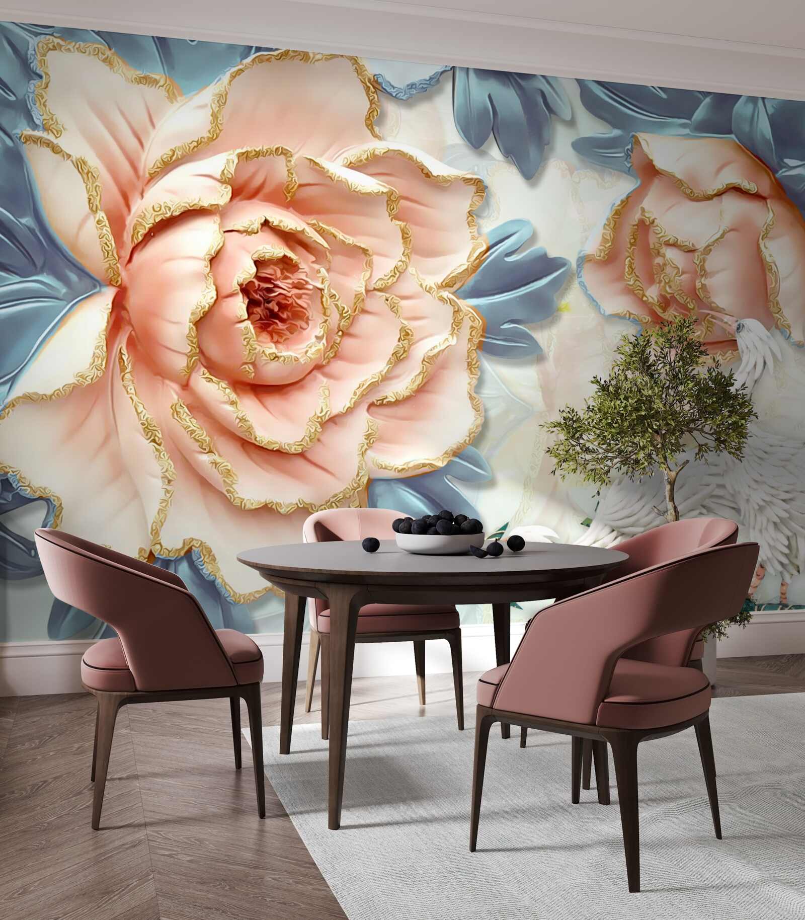 Papier peint roses pêche et cygnes blancs