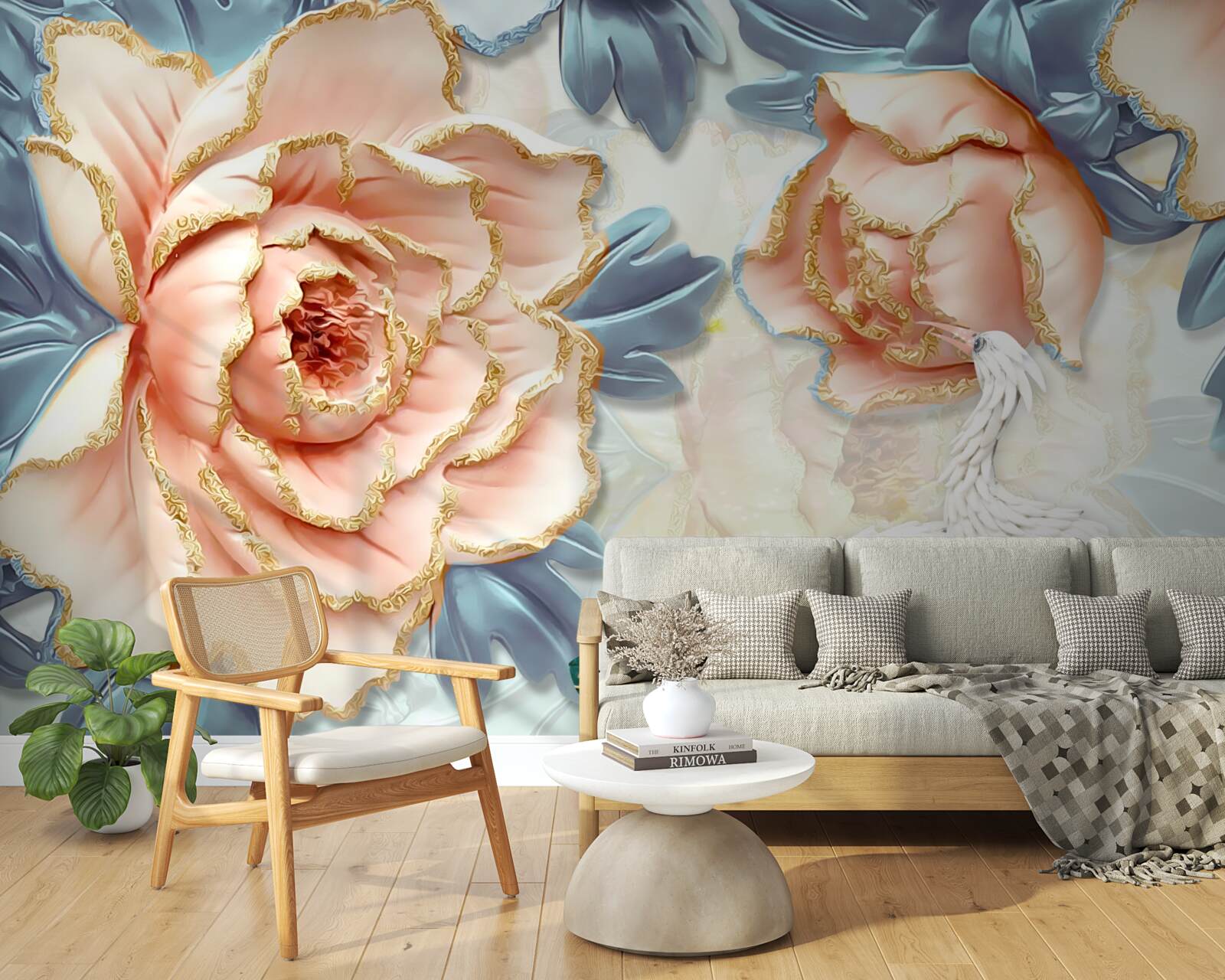 Papier peint roses pêche et cygnes blancs