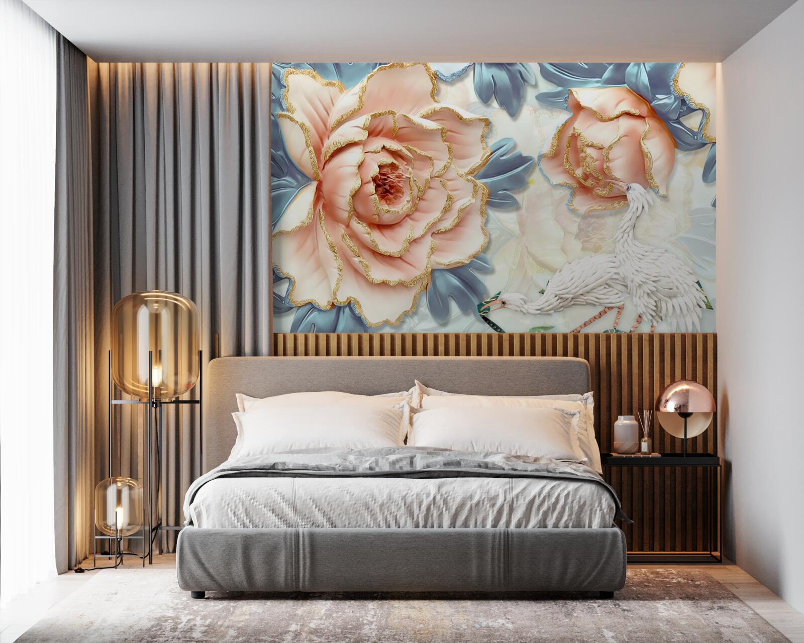 Papier peint roses pêche et cygnes blancs