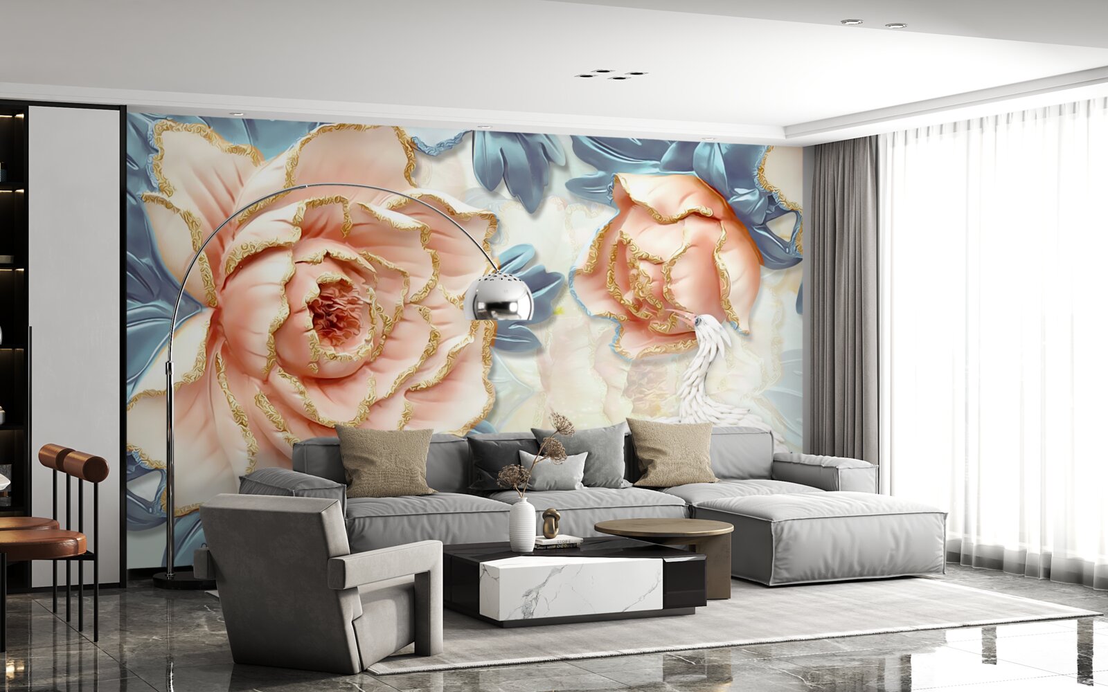 Papier peint roses pêche et cygnes blancs