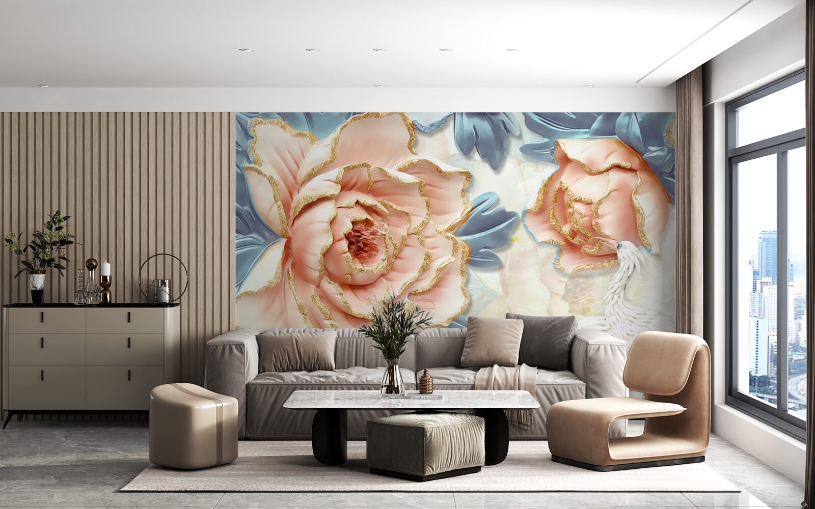 Papier peint roses pêche et cygnes blancs