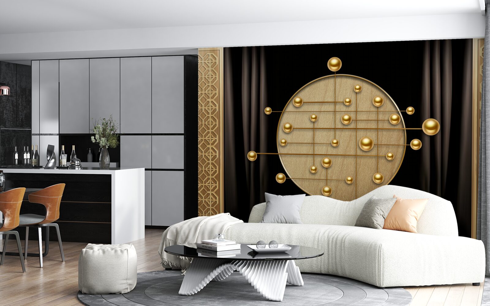 Papier peint fond noir saturé d'or orbital