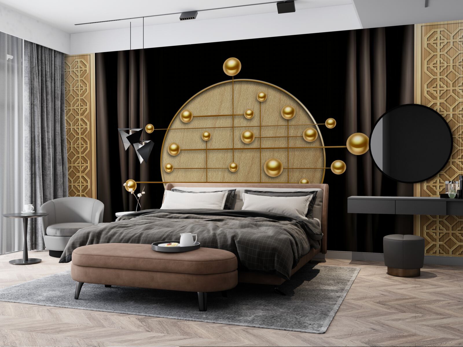 Papier peint fond noir saturé d'or orbital