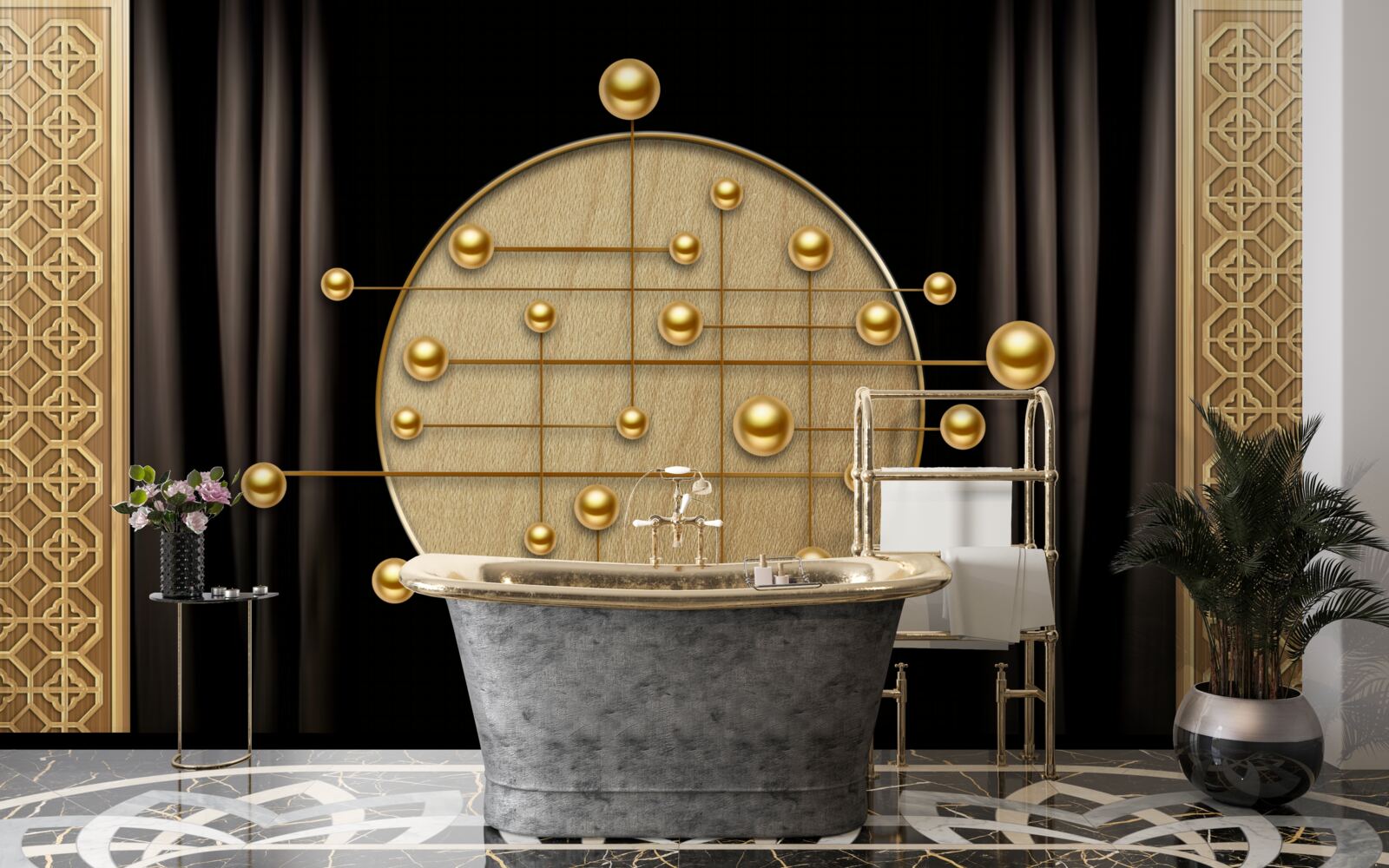 Papier peint fond noir saturé d'or orbital