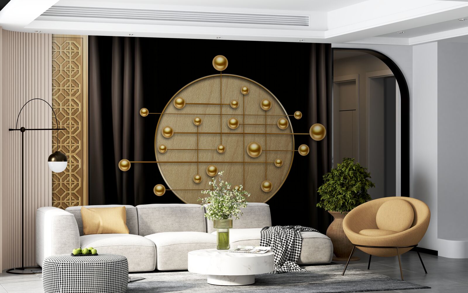 Papier peint fond noir saturé d'or orbital