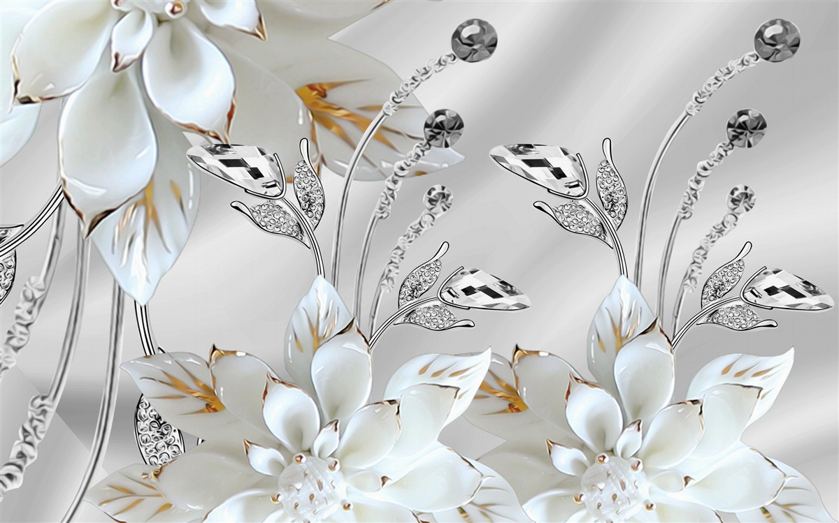 Papier peint fleurs blanches et or décorées sur tissu de soie