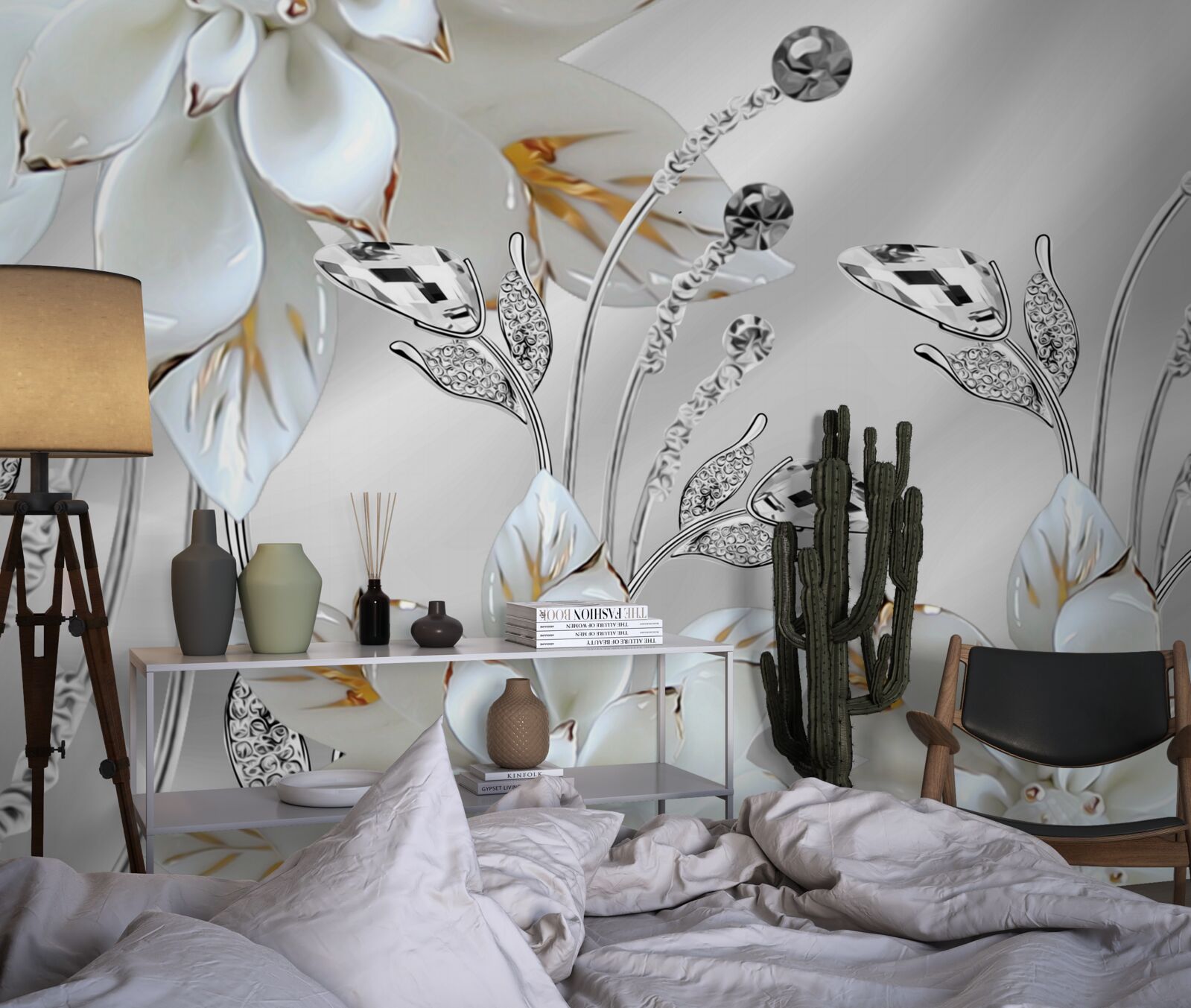 Papier peint fleurs blanches et or décorées sur tissu de soie