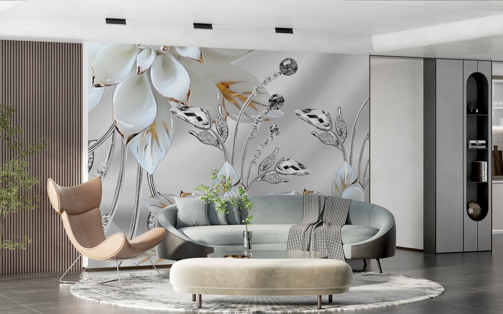 Papier peint fleurs blanches et or décorées sur tissu de soie