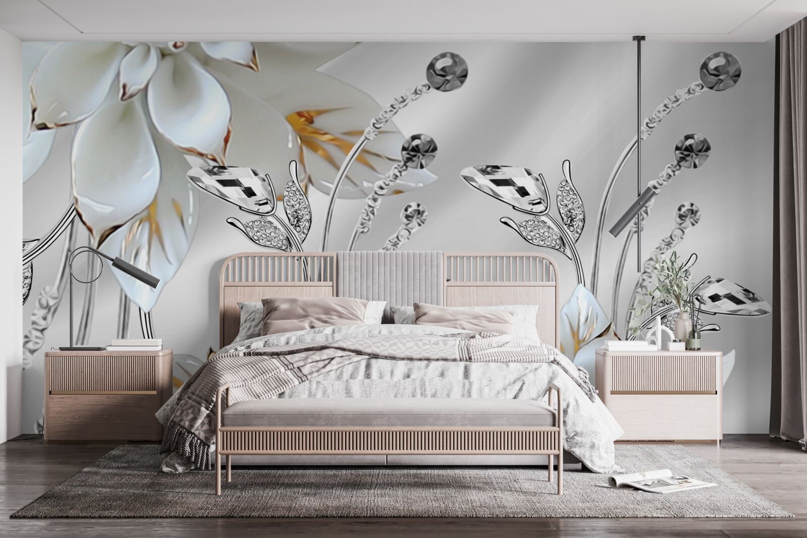 Papier peint fleurs blanches et or décorées sur tissu de soie