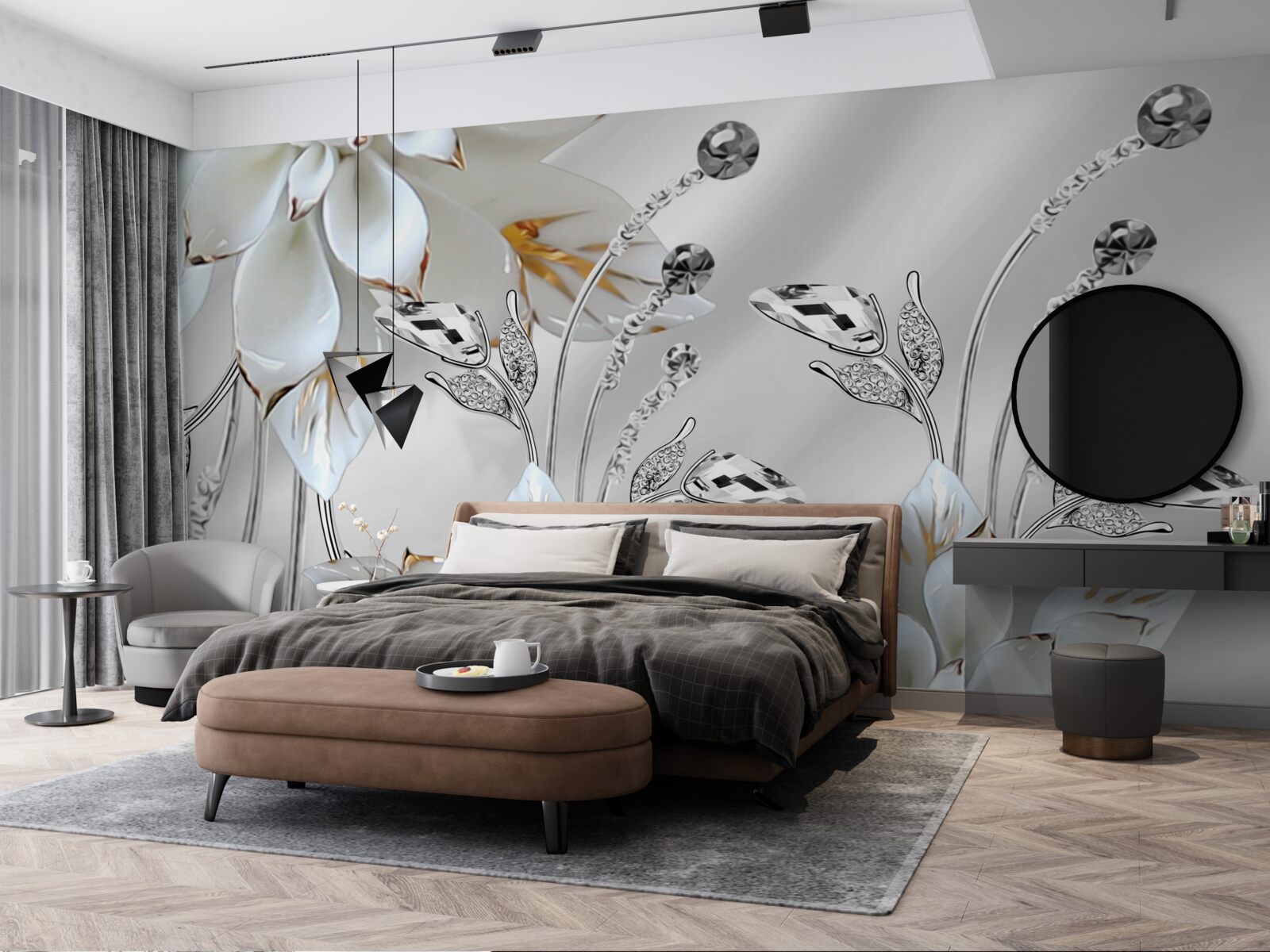 Papier peint fleurs blanches et or décorées sur tissu de soie