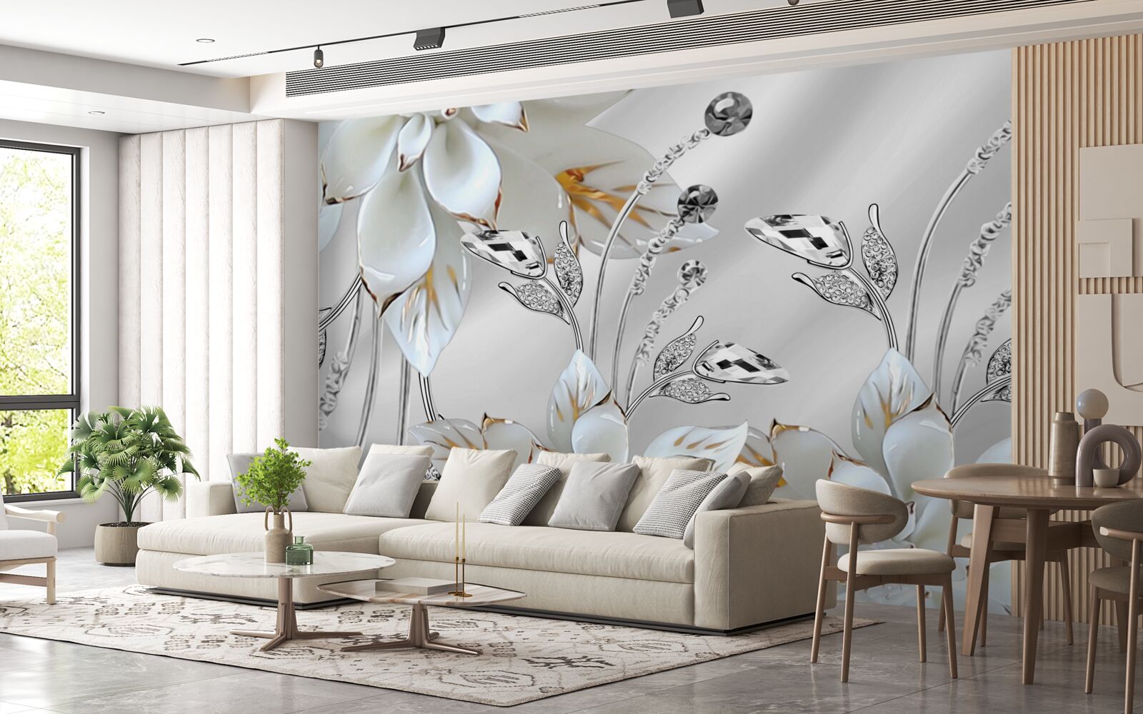 Papier peint fleurs blanches et or décorées sur tissu de soie