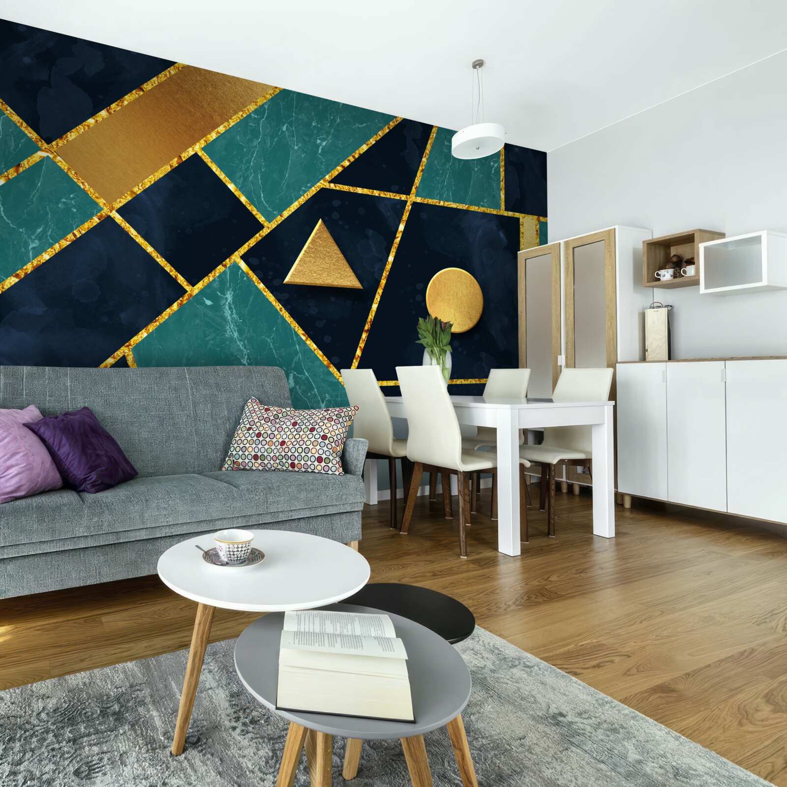 Papier peint mosaïque en tons d'or et d'émeraude