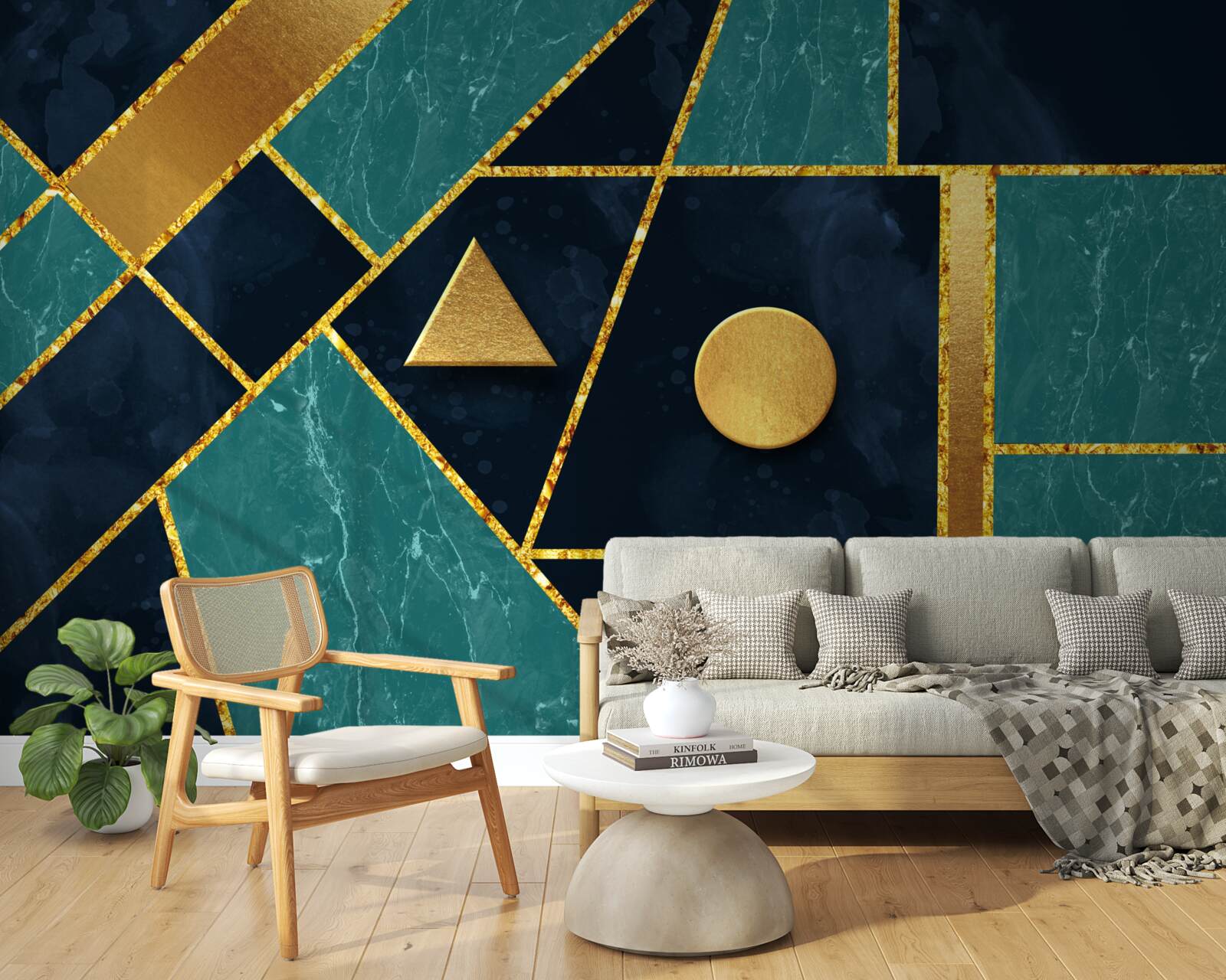 Papier peint mosaïque en tons d'or et d'émeraude