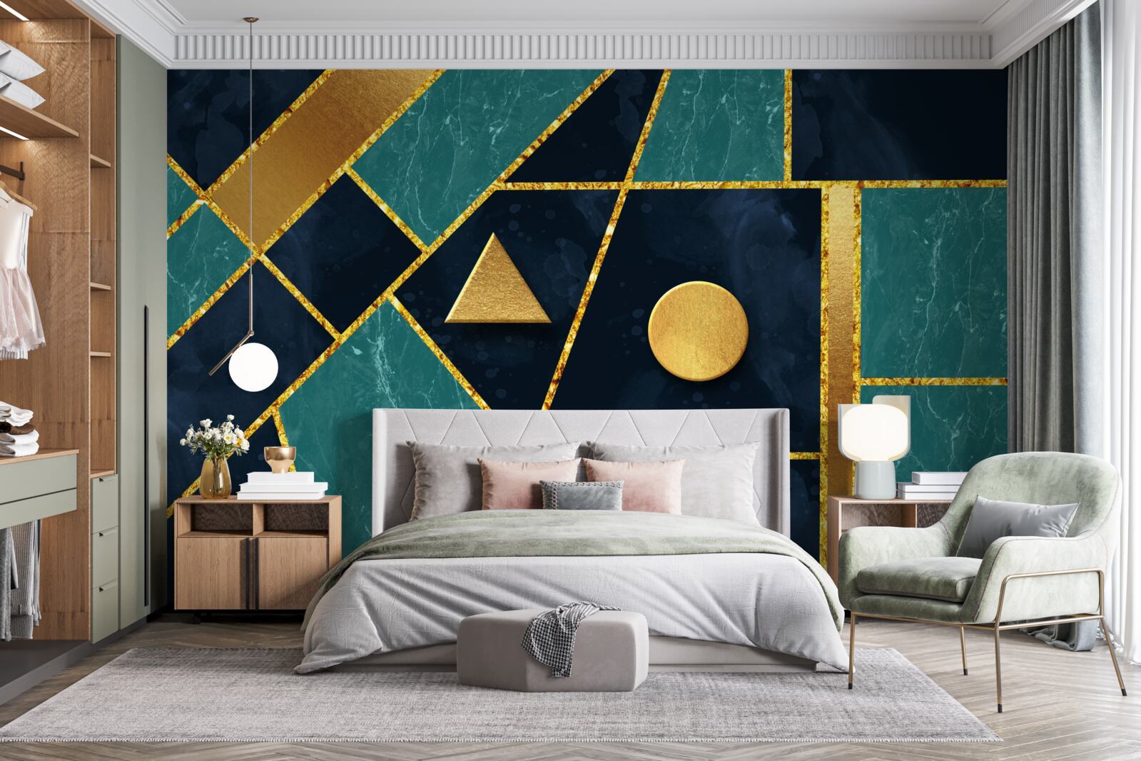 Papier peint mosaïque en tons d'or et d'émeraude