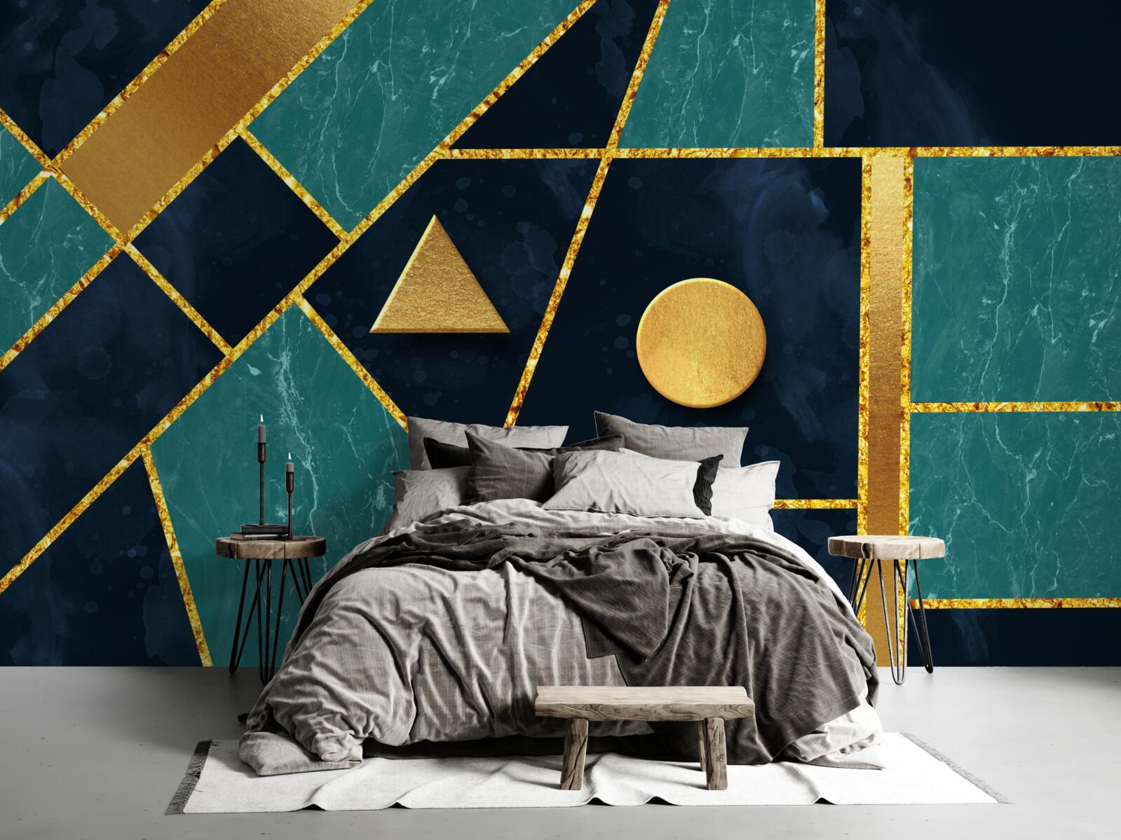 Papier peint mosaïque en tons d'or et d'émeraude