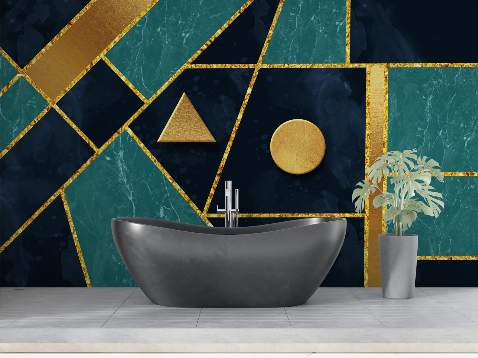 Papier peint mosaïque en tons d'or et d'émeraude